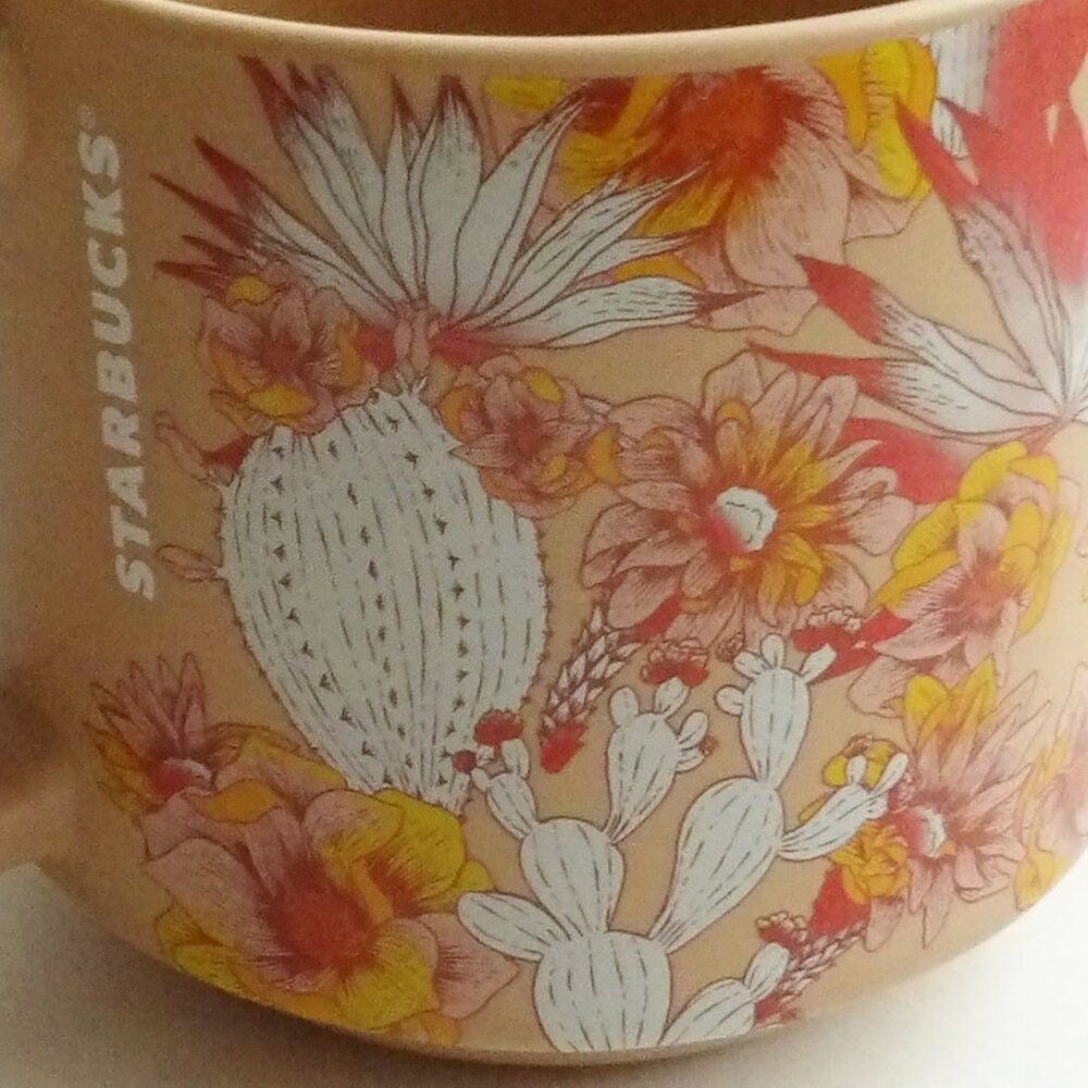 Starbucks 2019 Cactus Flowers Ceramic Coffee Mug 14 oz. Tan Peach D Handle - Picture 4 of 8